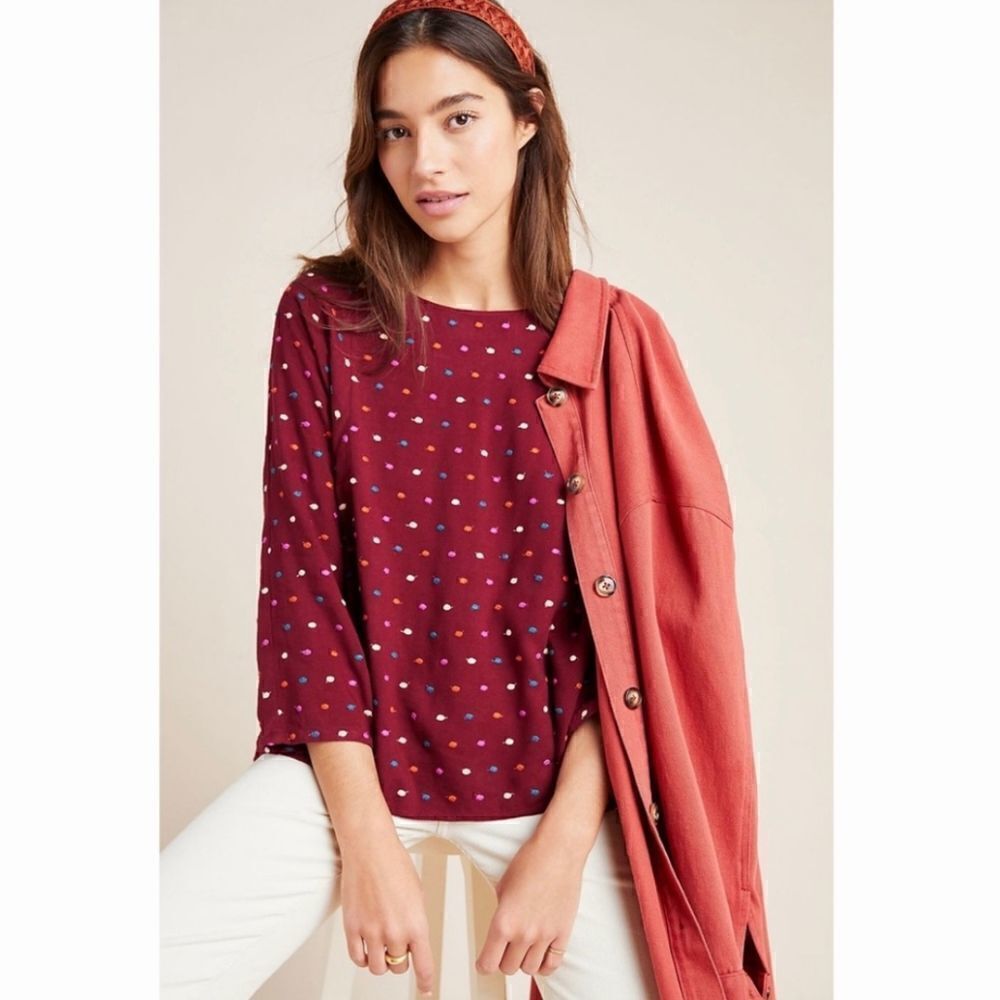 Anthropologie MaEve Embroidered Dot Blouse